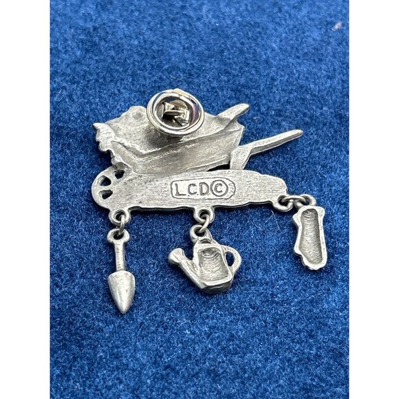 Vintage LCD Pewter Wheelbarrow Brooch Pin With Charms gardening - Picture 2 of 3